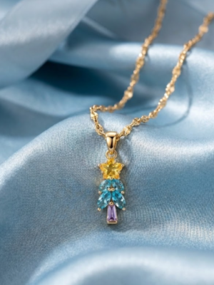 Whimsical Crystal Tree and Star Pendant Charm Necklace (Blue & Yellow) Anti-tarnish, Stainless Steel - KRN05