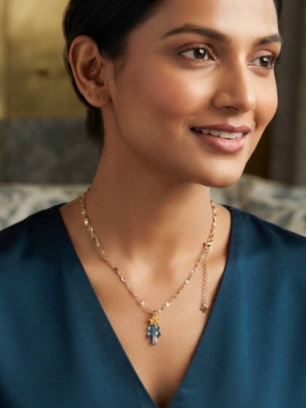 Whimsical Crystal Tree and Star Pendant Charm Necklace (Blue & Yellow) Anti-tarnish, Stainless Steel - KRN05
