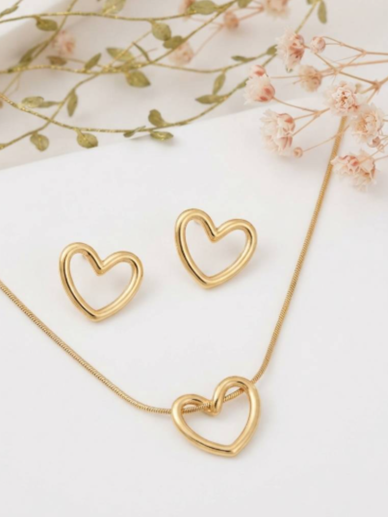 Not So Basic Heart Pendant Charm Necklace and Earrings Set (Gold finish) - Anti-Tarnish, Stainless Steel KRS01