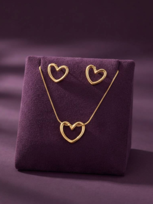Not So Basic Heart Pendant Charm Necklace and Earrings Set (Gold finish) - Anti-Tarnish, Stainless Steel KRS01
