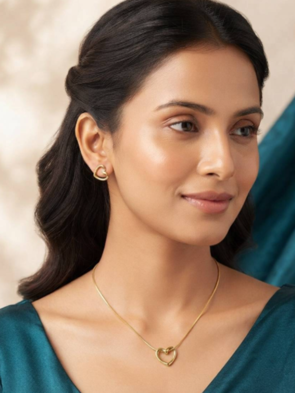 Not So Basic Heart Pendant Charm Necklace and Earrings Set (Gold finish) - Anti-Tarnish, Stainless Steel KRS01
