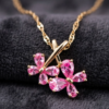 Asymmetrical Dual Flower Pendant Charm Necklace (Pink) Anti-tarnish, Stainless Steel - KRN07