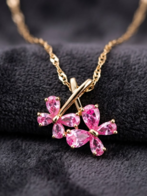 Asymmetrical Dual Flower Pendant Charm Necklace (Pink) Anti-tarnish, Stainless Steel - KRN07