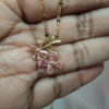 Asymmetrical Dual Flower Pendant Charm Necklace (Pink) Anti-tarnish, Stainless Steel - KRN07