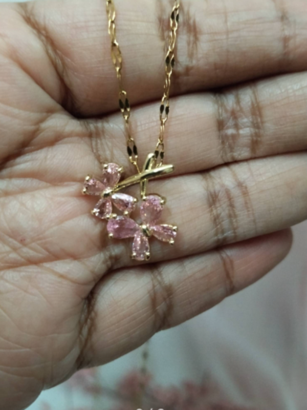 Asymmetrical Dual Flower Pendant Charm Necklace (Pink) Anti-tarnish, Stainless Steel - KRN07