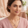Asymmetrical Dual Flower Pendant Charm Necklace (Pink) Anti-tarnish, Stainless Steel - KRN07