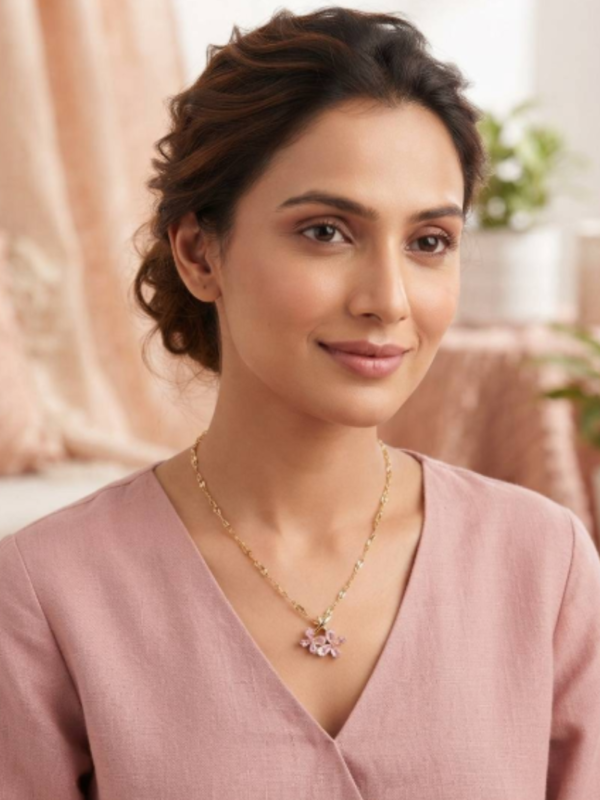 Asymmetrical Dual Flower Pendant Charm Necklace (Pink) Anti-tarnish, Stainless Steel - KRN07