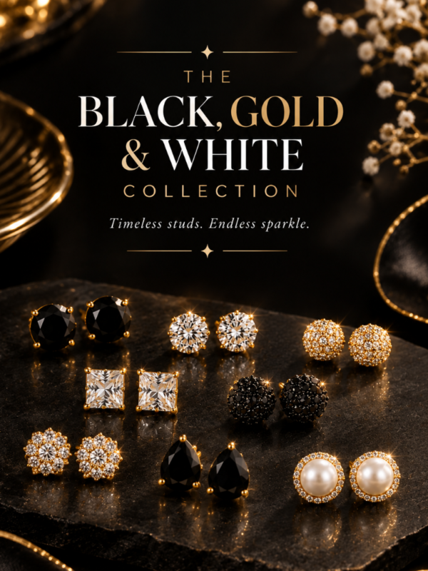 Black, White, and Gold (BGW) Stud Earrings Collection, Anti-Tarnish, Stainless Steel (Multiple Styles) - KRE02