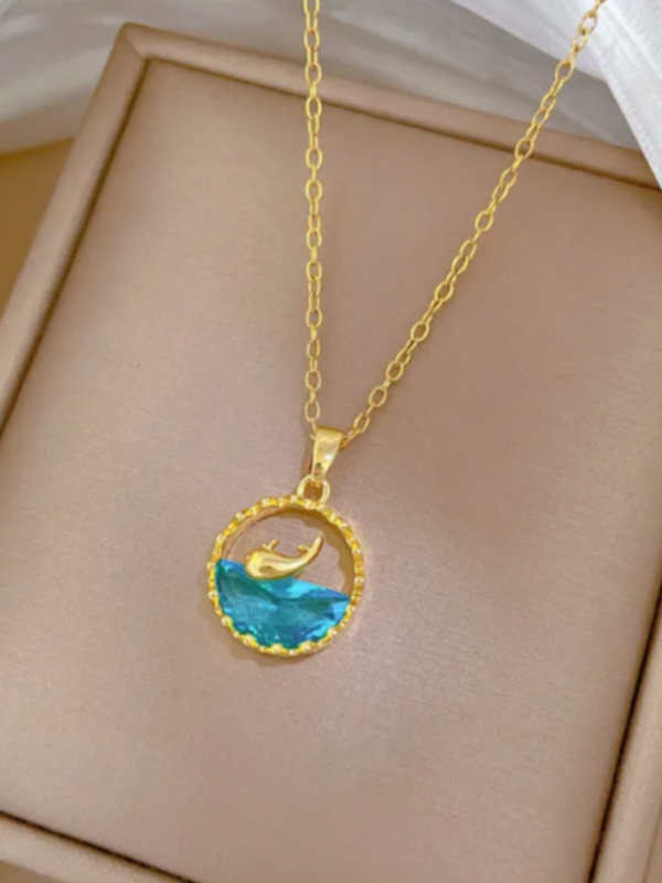 Blue Sea Dolphin Pendant Charm Necklace (Gold) Anti-tarnish, Stainless Steel - KRN04