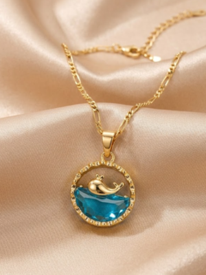 Blue Sea Dolphin Pendant Charm Necklace (Gold) Anti-tarnish, Stainless Steel - KRN04